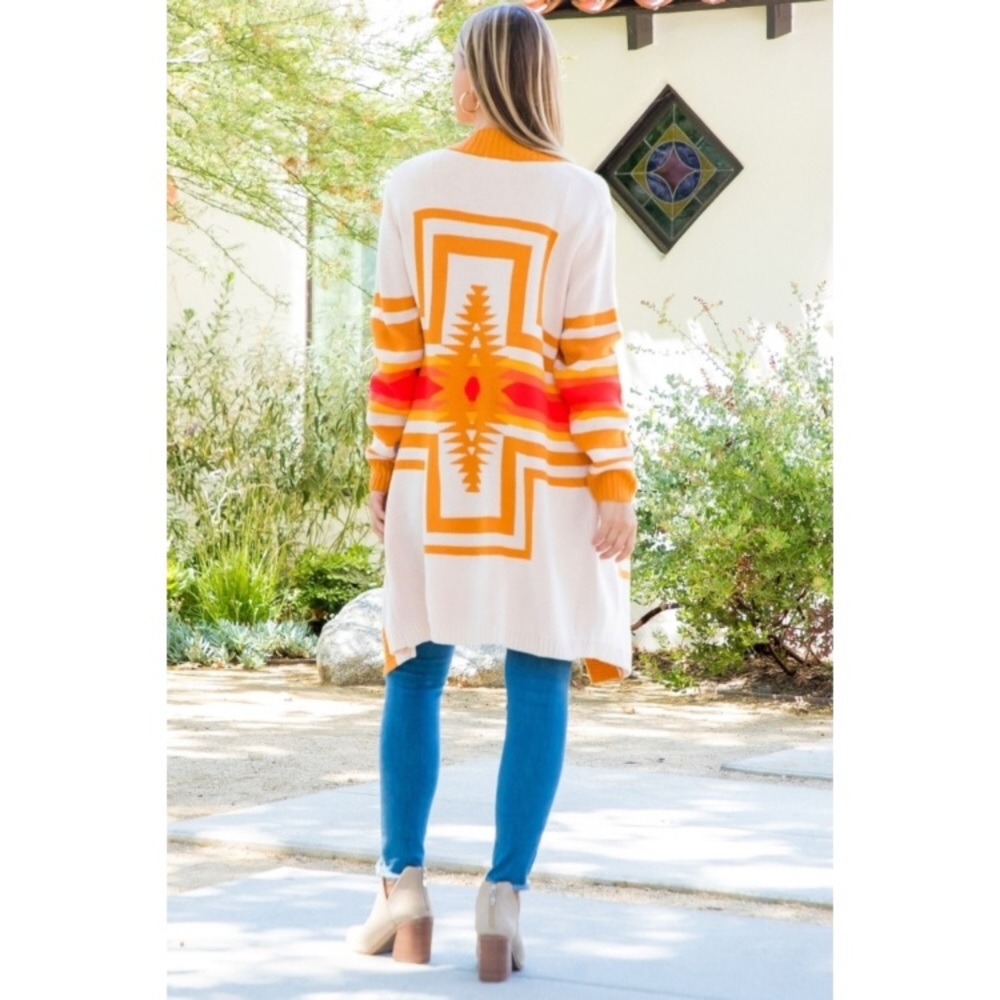 Cardigan open tribal pattern in cream, orange, gold | Size S —#040 - Picture 9 of 12